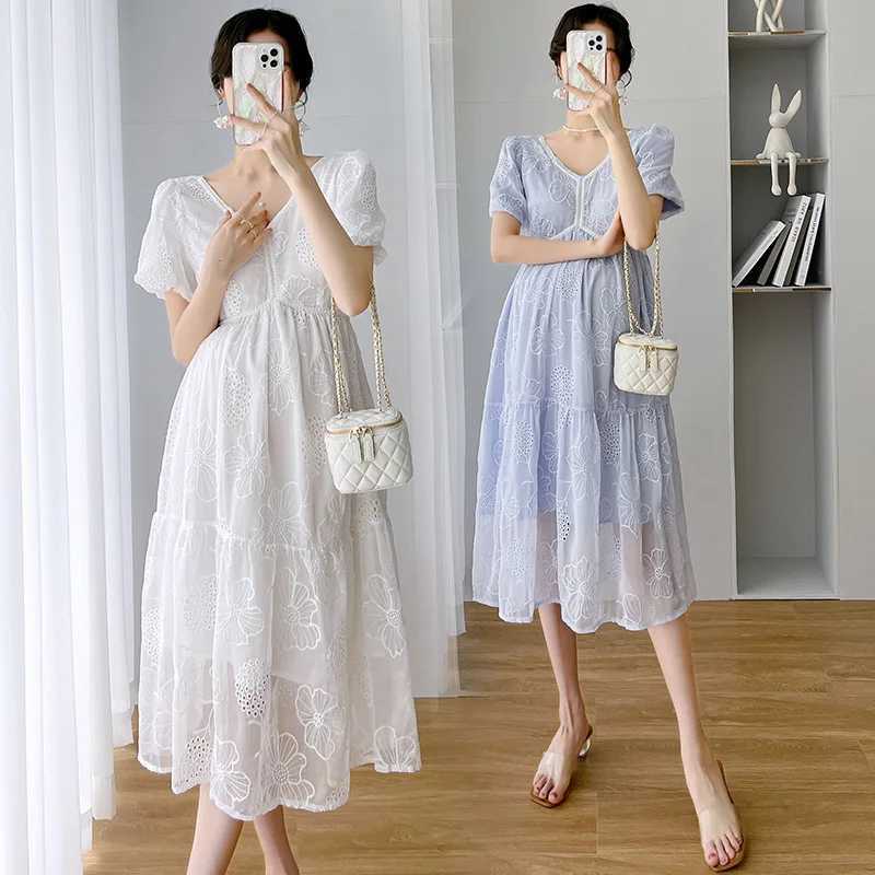 Korean Style Maternity Dress 2022 New Dress Temperament Fashion Lace Long Skirt Pregnant Mother High Waist Hollow Summer SkirtT250311