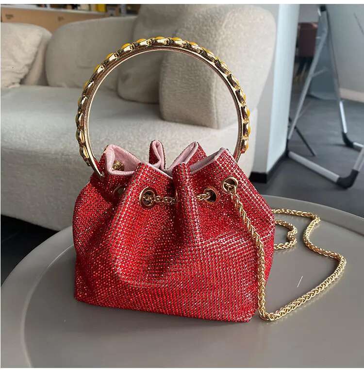 Metal Ring Handle Bucket Women Handbag Glitter Shiny Rhies Evening Wedding Party Clutch Purse Messenger Bag