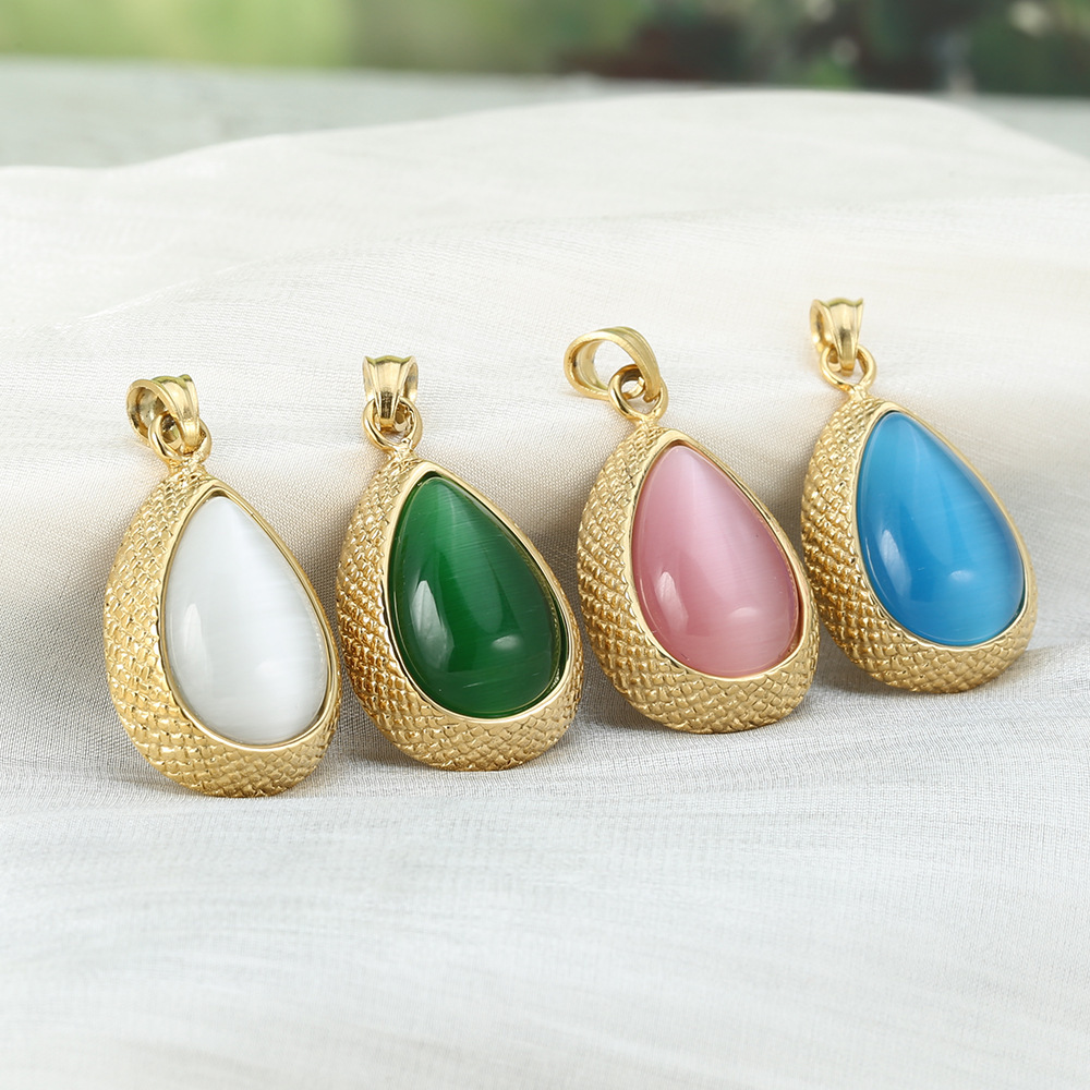 Classic Stainless Steel Cat Eye Stone Waterdrop Pendant Necklace Sweater Chain