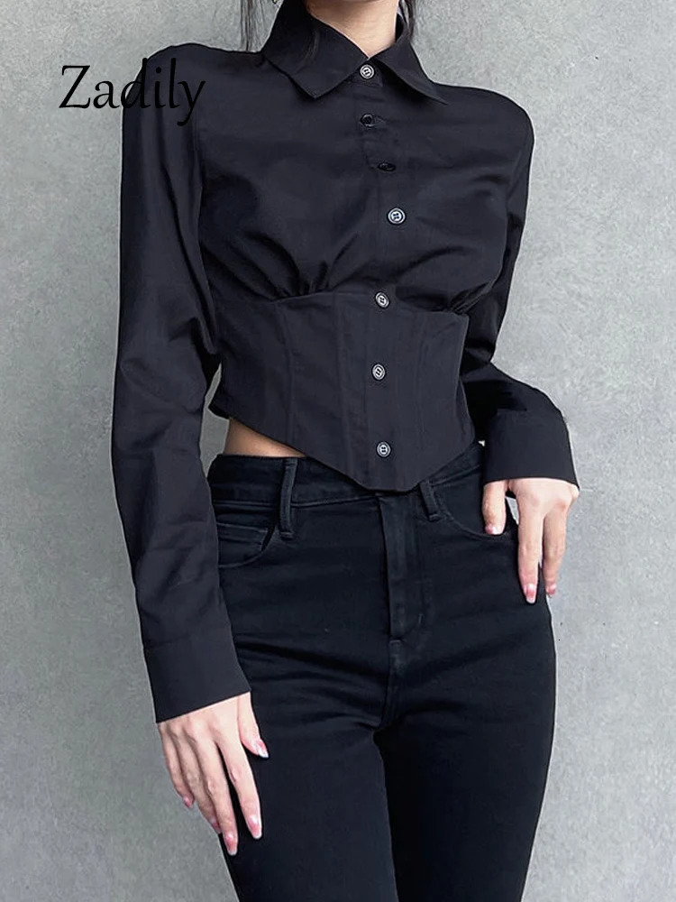 Spring Sexy Long Sleeve Women White Shirt Blouse Korea Style Button Up Slim Waist Y2K Crop Tops Female Cardigan Clothing 250311