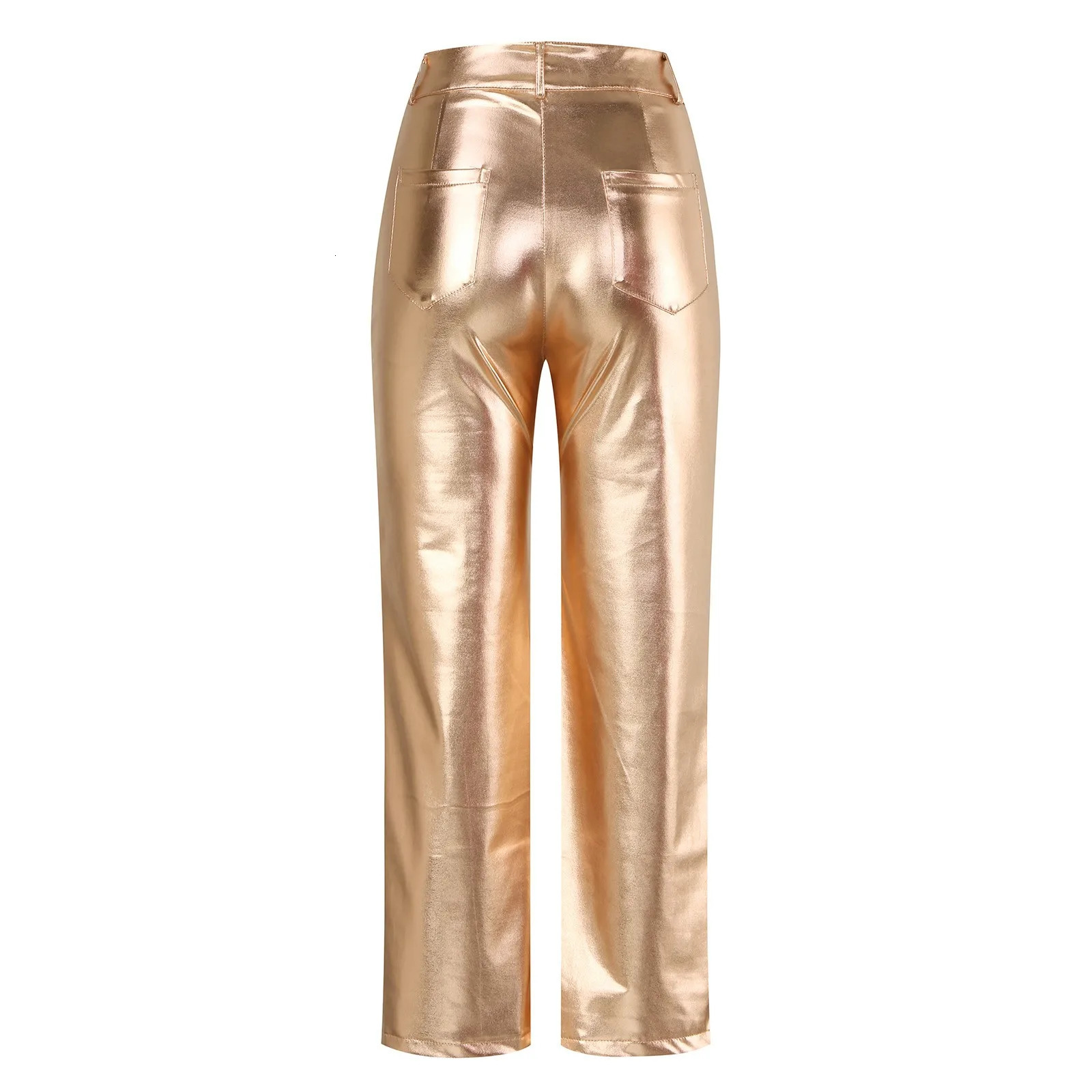 Gold shiny womens pants 2024 fashionable casual PU leather pants solid color ankle pants nightclub womens pants 250305