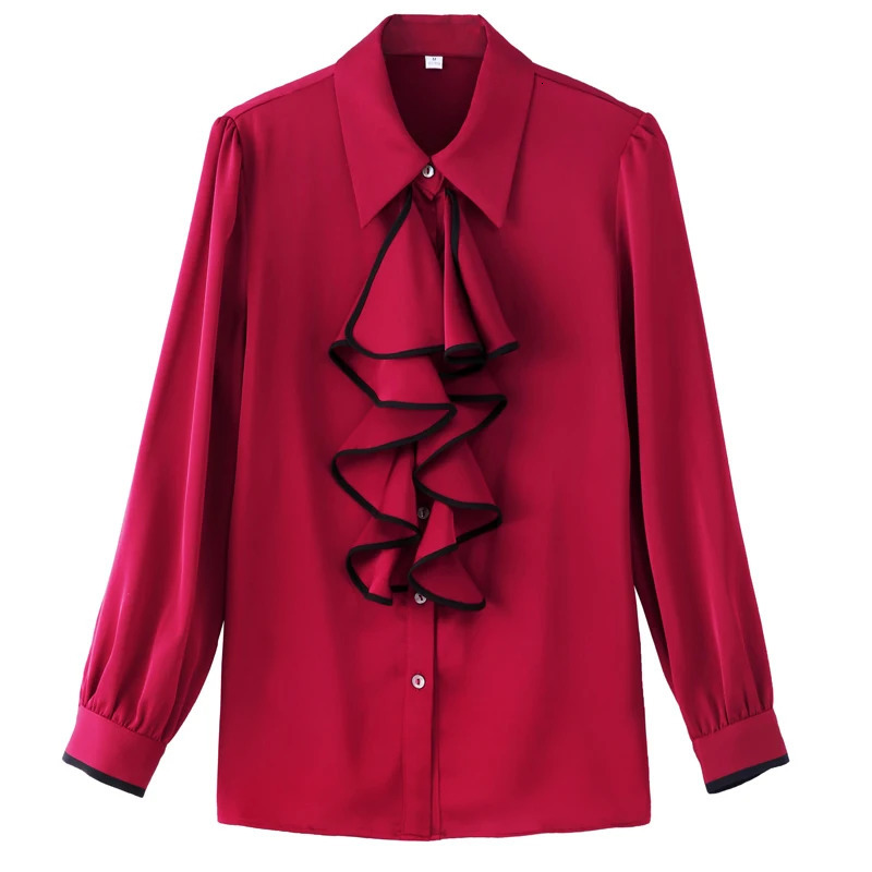 #2550 Red Chiffon Shirts Women Long Sleeve Split Joint Ruffles Office Female Regular Fit Womens Tops And Blouses Spring 250311