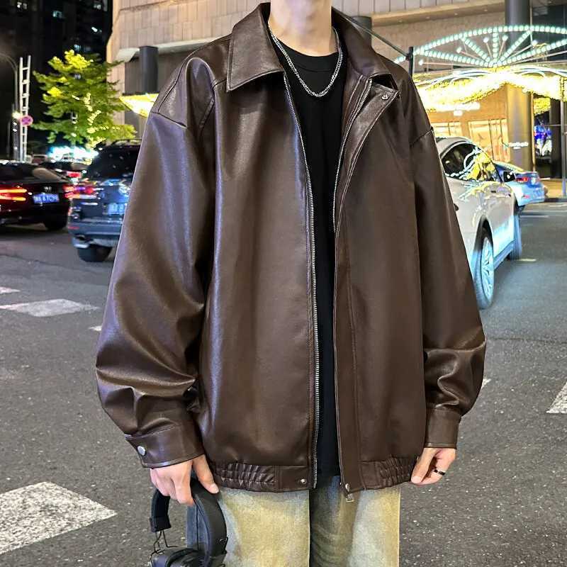 New Mens Faux Leather Jacket Coat Zipper Turn-down Collar Solid Retro Casual Loose Outerwear Man ClothingT250311