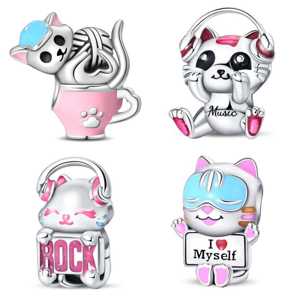 925 Sterling silver Charms Cat Series Rock Music Cat Bead DIY Jewelry Accessories Fit Snake Bead Bracelet For women jewelry gift