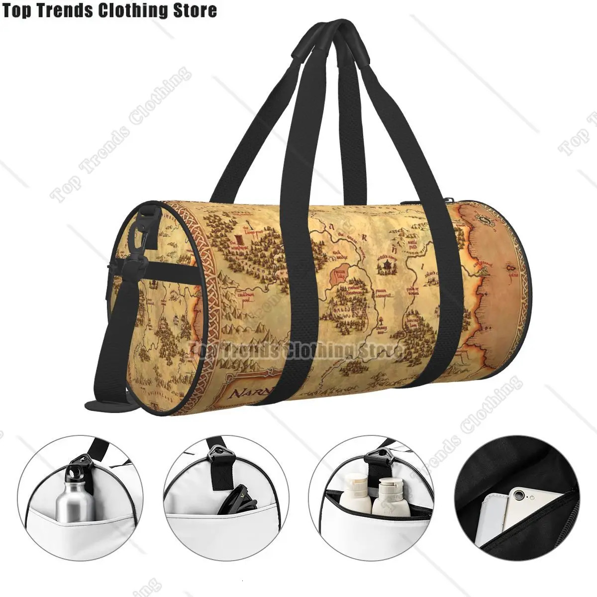 Map Retro Travel Bag Mens Fitness Handbag Cylindrical Shoulder Womens Large 250311