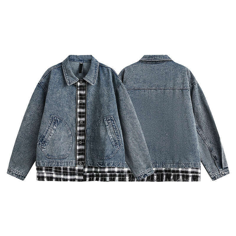 2025 American Plaid Splicing Fake Two Piece Denim For Men, New Trendy Brand Design, Couple Jacket