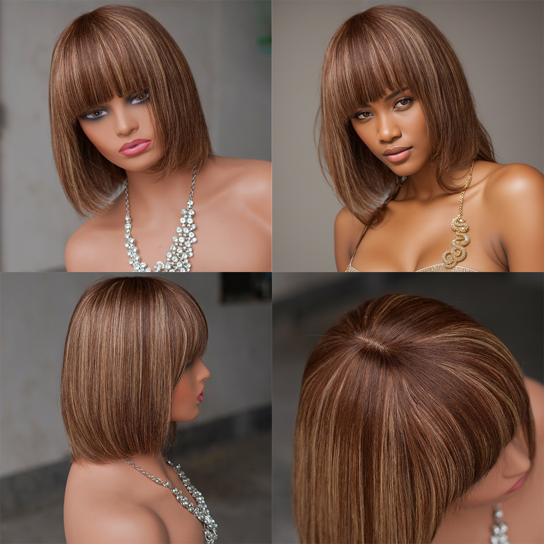 Brown-Base 2x4 Inch Lace Front Bob Wig - Real Human Hair With Golden Highlighted Bangs
