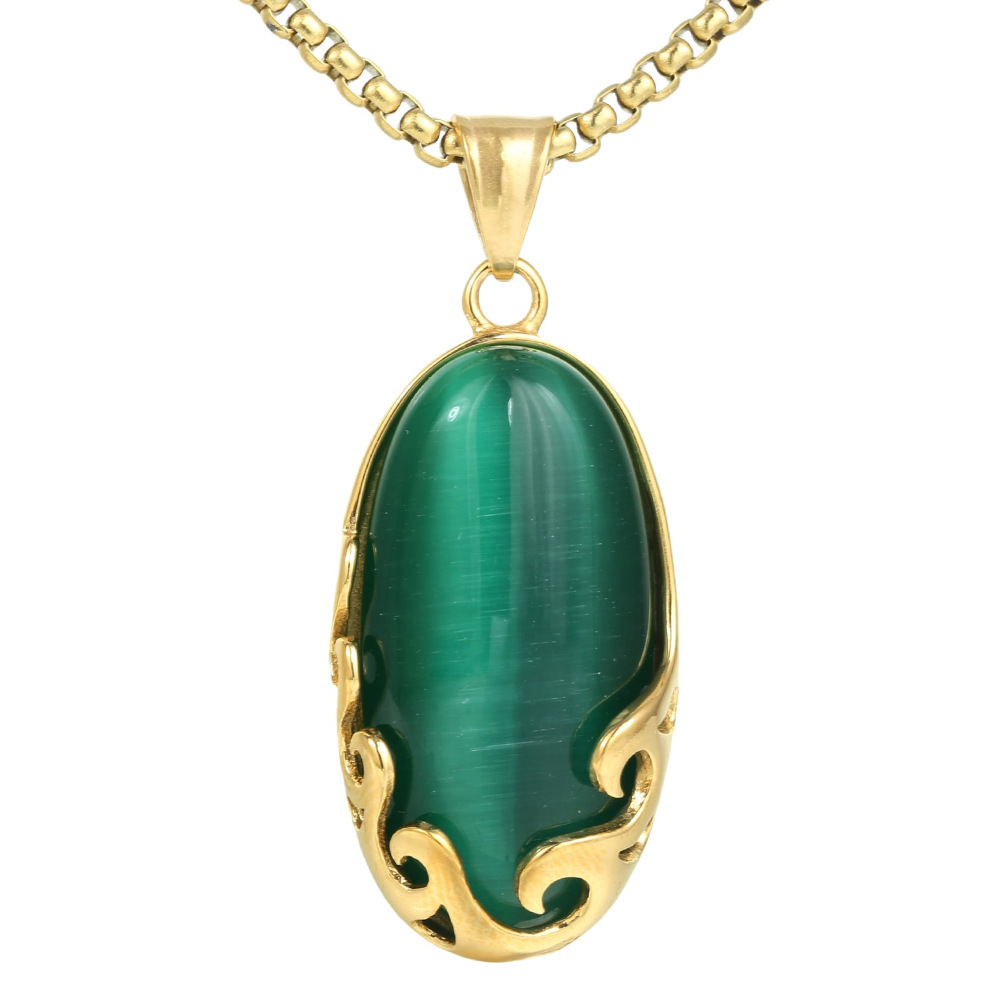 Fashion Stainless Steel Cat Eye Stone Egg Shaped Pendant Necklace Sweater Chain
