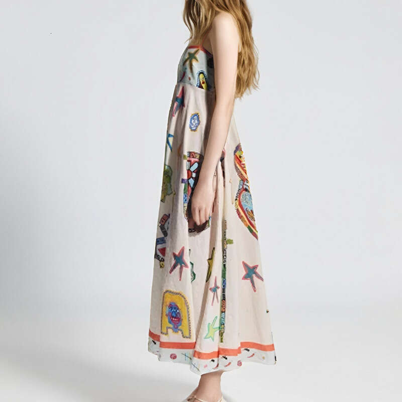 Women's 2025 Summer New Sexy Strap Skirt Graffiti Printed Large Pendant Dress For Women KLMY