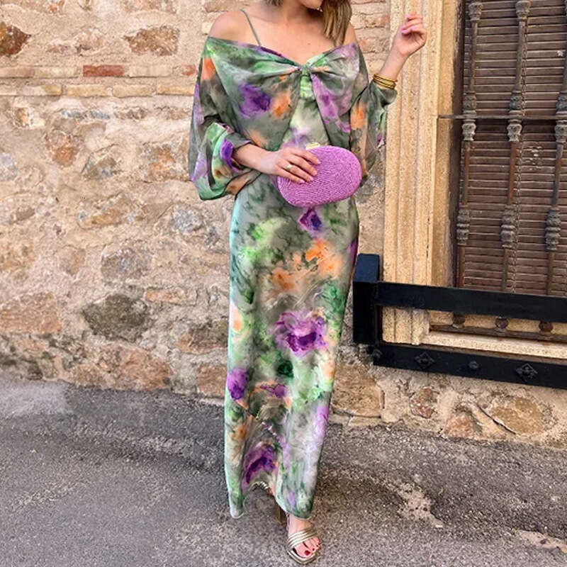 Women's Fashionable Elegant Sexy Vacation Style Printed Tie Dye Long Sleeved Beach Sling Set KLMY