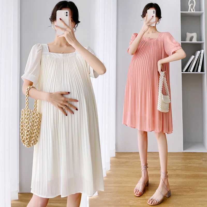 Beige Pink Sunmer Pregnant Woman Pleated Dress Plus Size Maternity Chiffon Dress Mid-Calf Pregnancy Clothes with Belt WholesaleT250311