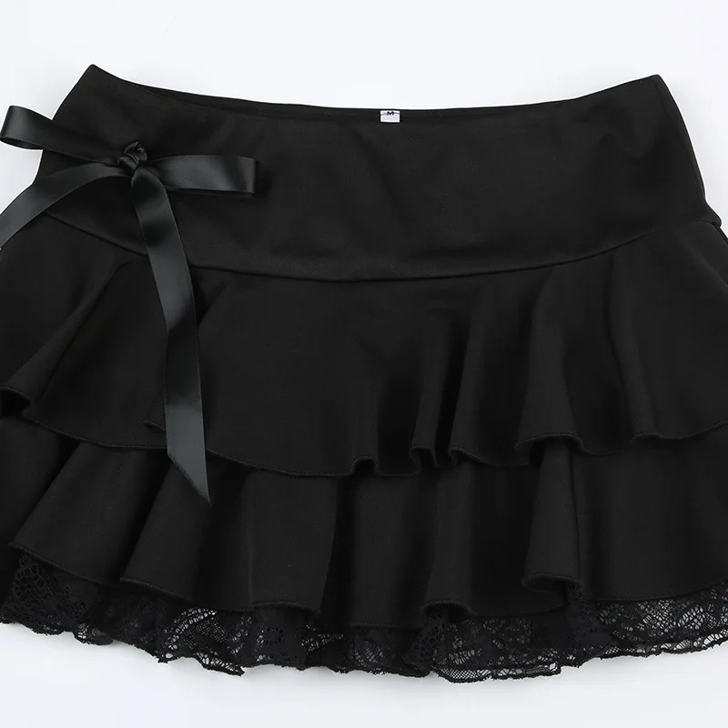 Goth Y2K Black Lace Trim Bow A Line Mini Skirt Women Korean Streetwear 250311