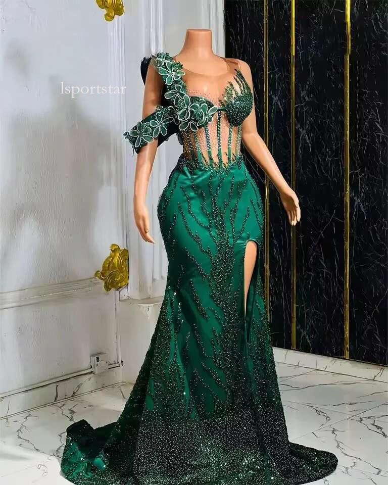 Enchanting Green Beaded Aso Ebi Prom Dresses High Split African Party Dress Women Mermaid Formal See Thru Corset Customized