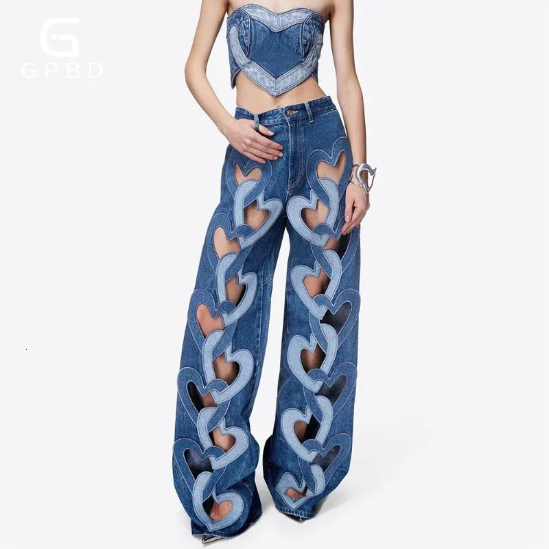 GPBD Fashion Women Jeans High Waist Heart Connectivity Contrast Color Hollow Out Straight Denim Pants 250311