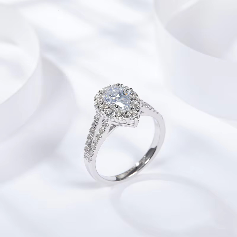 High Quality Full Diamond Moissanite 1ct Ring 18K Gold Plated Double Row halo Pear Cut Moissanite Engagement Ring