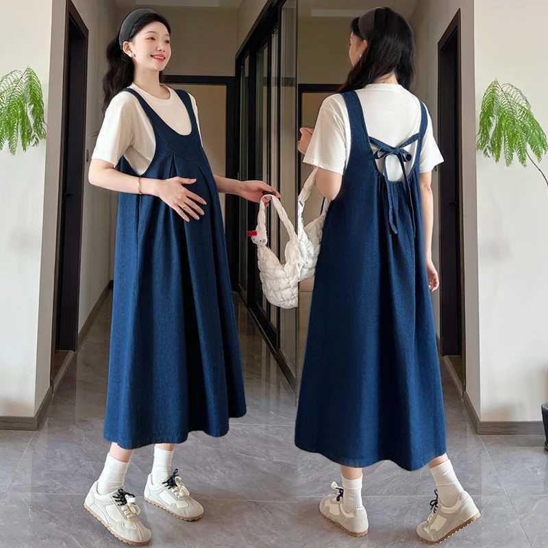 Spring and Autumn New Fashionable Pregnant Womens Denim Strap Dress Floral Embroidery Button Fly Maternity Sundress Loose DressT250311
