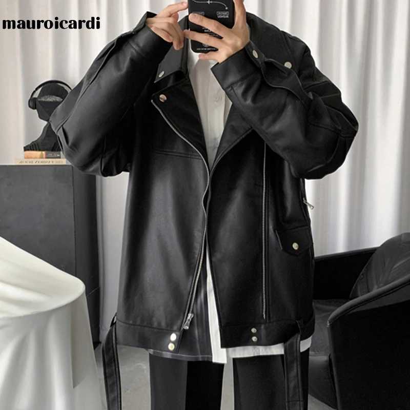 Mauroicardi Spring Black Oversized Leather Biker Jacket Men Casual Loose Korean Fashion 2021 Faux leather Jackets for Men BrandT250311