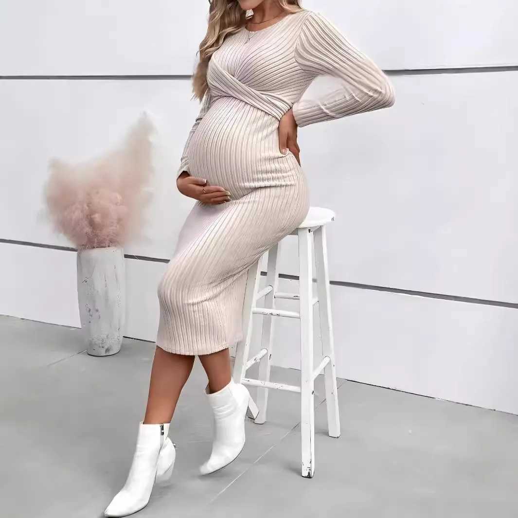 Autumn Winter American Casual Across Ties A Line Slim Dress Maternity Elegant A Line Hot Clothes for Pregnant Women PregnancyT250311