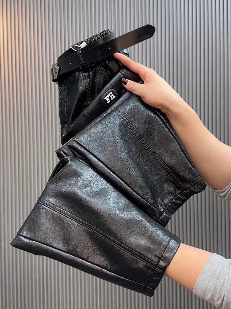Fashion Y2k Leather Pants High Quality PU Casual Straight Leg Pants Loose Slimming Plus Size Highs Waist Hair Trousers Women 250305