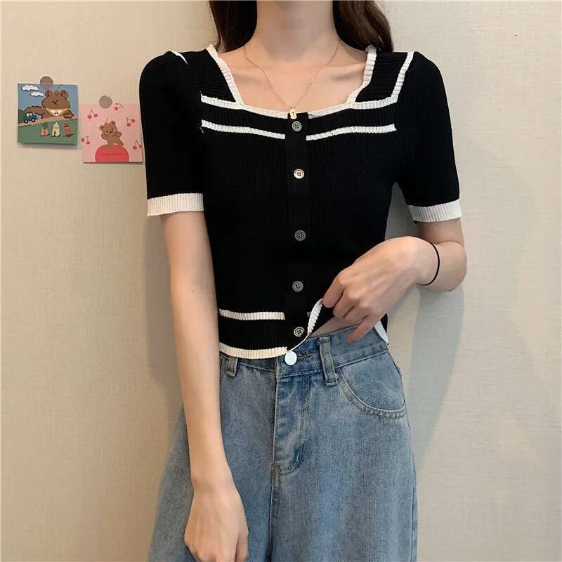 South Korea Spring Summer Style Square Collar Backless Sleeve Slim Fit Contrasting Short Base Knit Sweater Top For Women