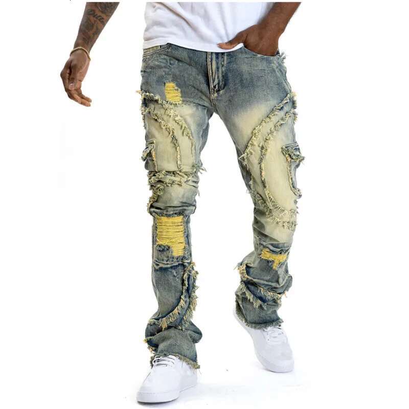 2025 New Men s Wave Shaped Stacked Worn out Slim Straight Leg Jeans Fashion Designer Hip hop Jeans Outdoor Casual Pants Skateboarding Streetwear