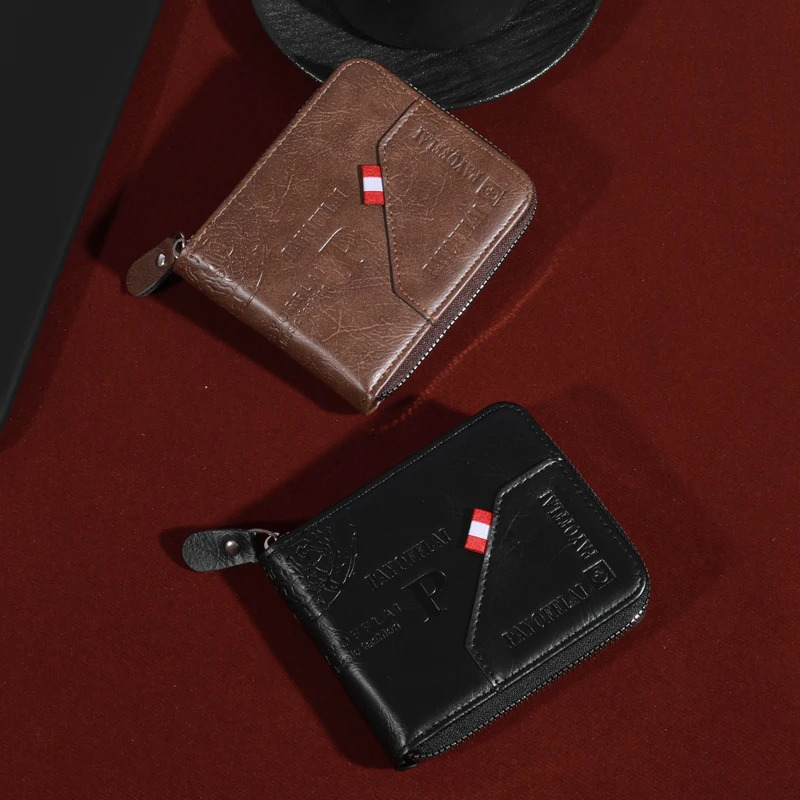 Mens Zipper Short Wallet Multi Card Cardholder PU Leather Double Fold with Coin Pocket Gift 250311