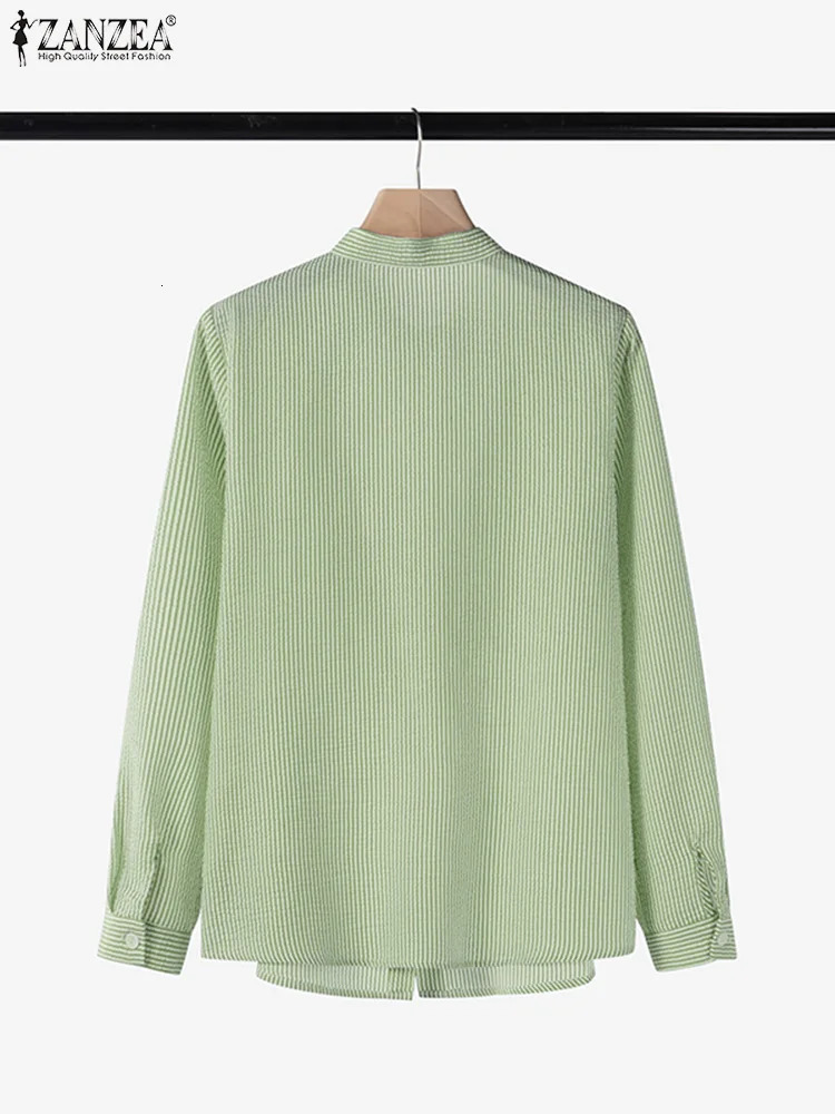 ZANZEA Women Stand Neck Long Sleeve Work Shirt Spring Striped Blouse Elegant Ruffles Tops Tunic Fashion Buttons Down Blouses 250311