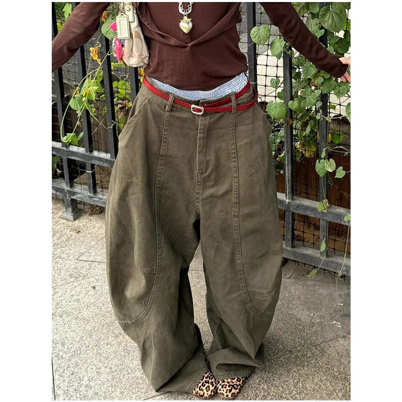 Green jeans womens retro high waisted straight Trouser loose Y2K 90 American streetwear wide leg classic 250311