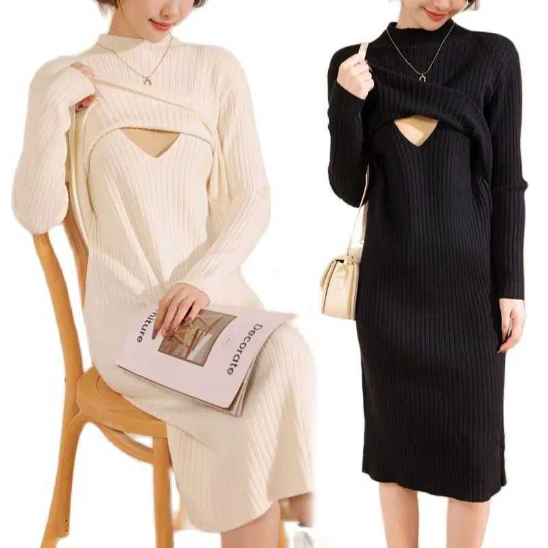 Winter Postpartum Woman Breastfeeding Dress Long Sleeve Maternity Knit Nursing Clothes Solid Color Pregnancy Lactation ClothesT250311