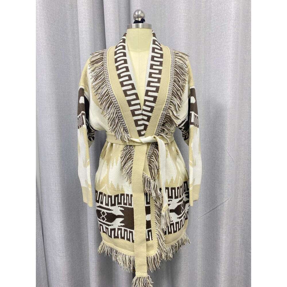 Bohemian Fringe Cardigan In Autumn And Winter, Niche Geometric Pattern, Contrasting Color Jacquard Knitted Jacket For Women