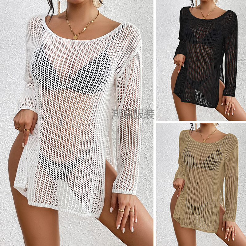 Medium To Long Loose Sloping Collar Pullover Knitted Hollow Out Perspective Sexy Beach Sunscreen Bikini Cover
