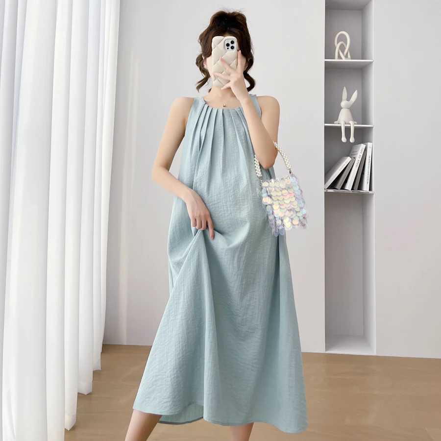 Japan and Korean Style Maternity Summer Clothes Sleeveless Pleated Sundress Solid Color Pregnancy Brief DressT250311
