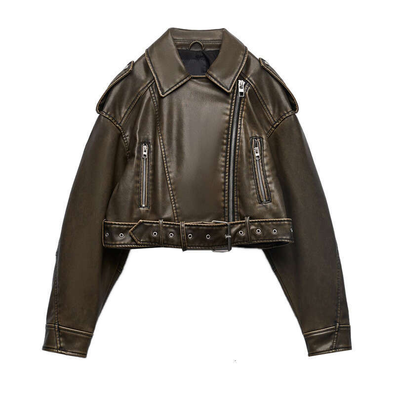 2023 Early Spring New Style Short Sleeved Lapel PU Washed Gradient Leather Versatile Jacket For Women