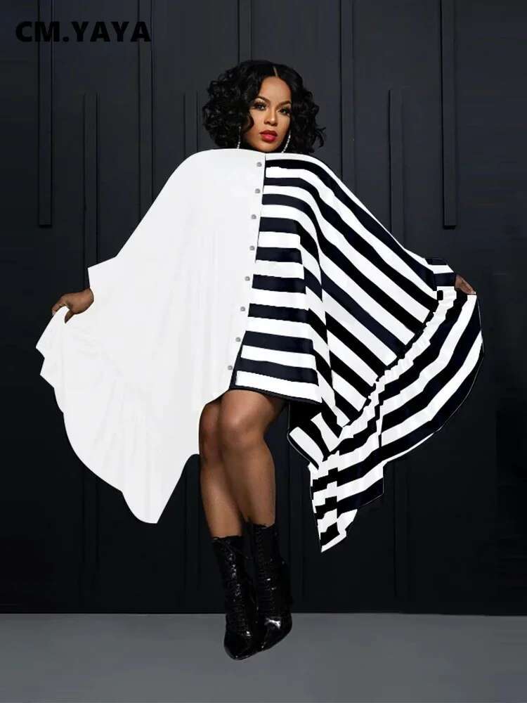 Cm.Yaya Women Striped Patchwork Ruffles Hem Batwing Long Sleeve Loose Shirt Dress 2023 Autumn Winter Fashion Dresses Vestidos