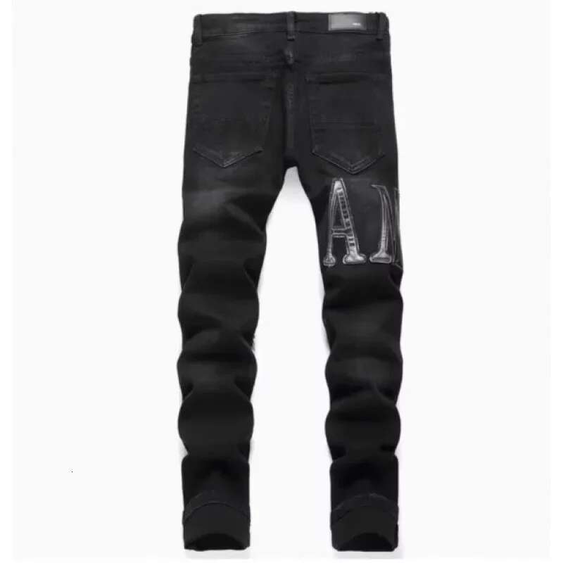 2025 Korean Embroidered Jeans With Pure Black Letter Pattern Fashion Designer Men s High Waist Slim Fit Elastic Denim Pants Tight Casual Pants
