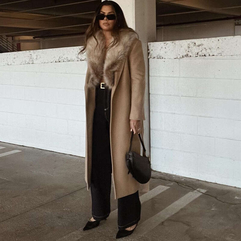 Woolen Woolen 2024 Winter New Style Elegant Fur Collar Long Jacket