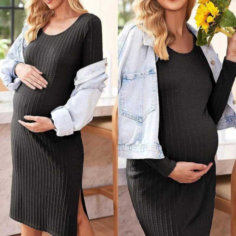 New Hot Sell Maternity Dresses Round Neck Long-sleeved Tight Solid Color Knit Ribbed Maternity Dress Spring Fall Women ClothesT250311