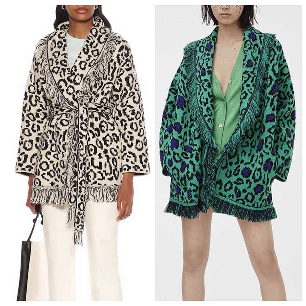 Autumn And Winter Leopard Print Jacquard Cardigan Sweater Wool Blend Loose Tassel Lace Up Knitted Jacket For Women