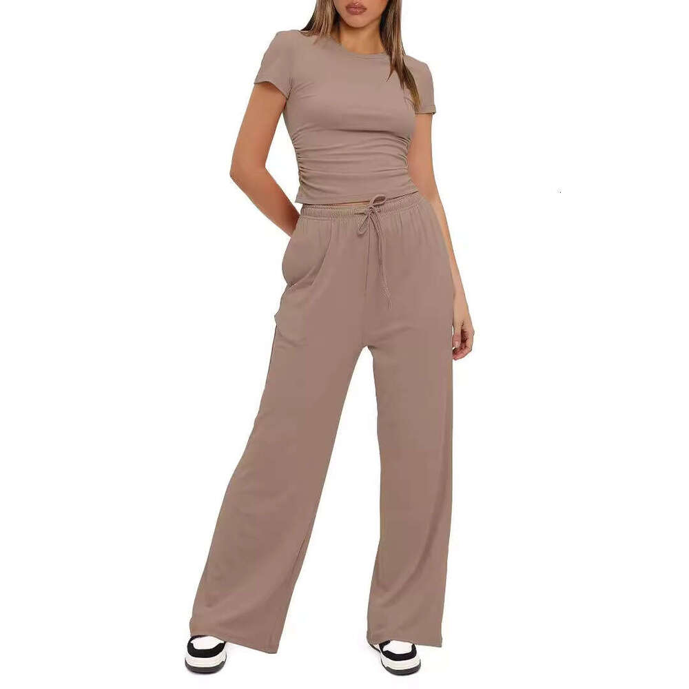 European and American product solid color casual suit pleated short sleeved top high waist wide leg pants sportswear 2025 temperament versatile new tr