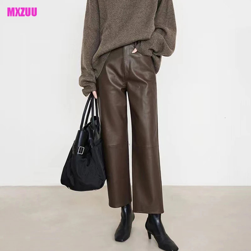 100 Leather Pants Women Autumn Winter Fashion Sheepskin High Waist Slim French Baguette Pants Casual Straight Cropped Trousers 250305