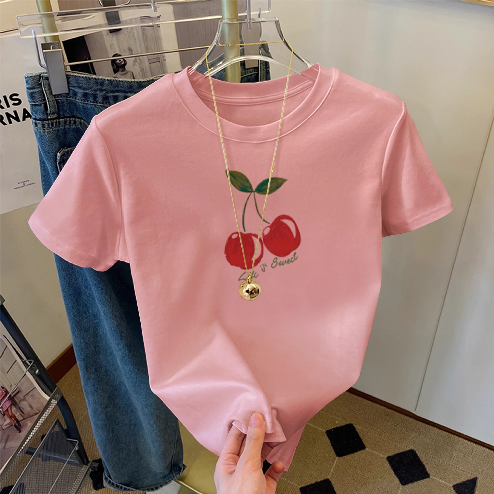 Pink cherry short sleeved women's T-shirt 2025 summer new design niche versatile pure cotton loose fit top trendy casual T-shirt5