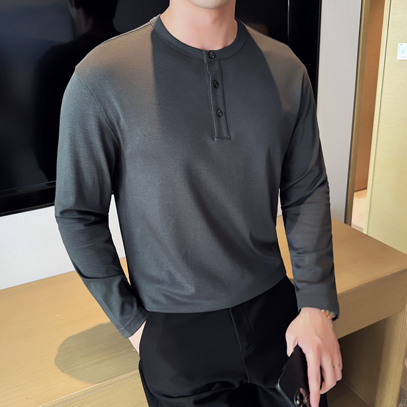 Henry collar long sleeved base shirt men's T-shirt elastic round neck autumn and winter interior casual trendy top solid color polo