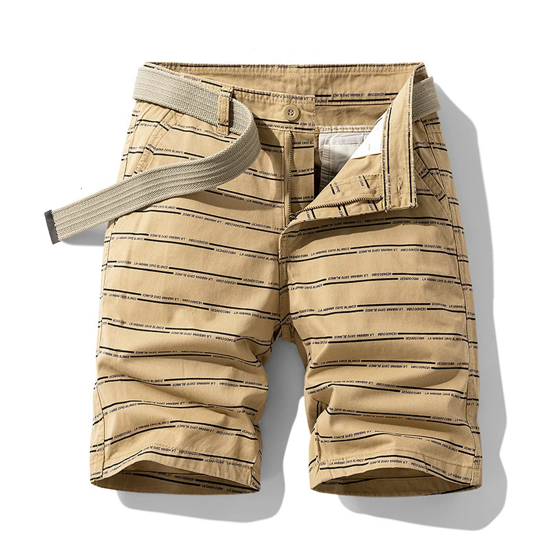 Summer thin striped multi pocket pure cotton workwear shorts mens oversized loose five point casual over knee beach shorts 250310