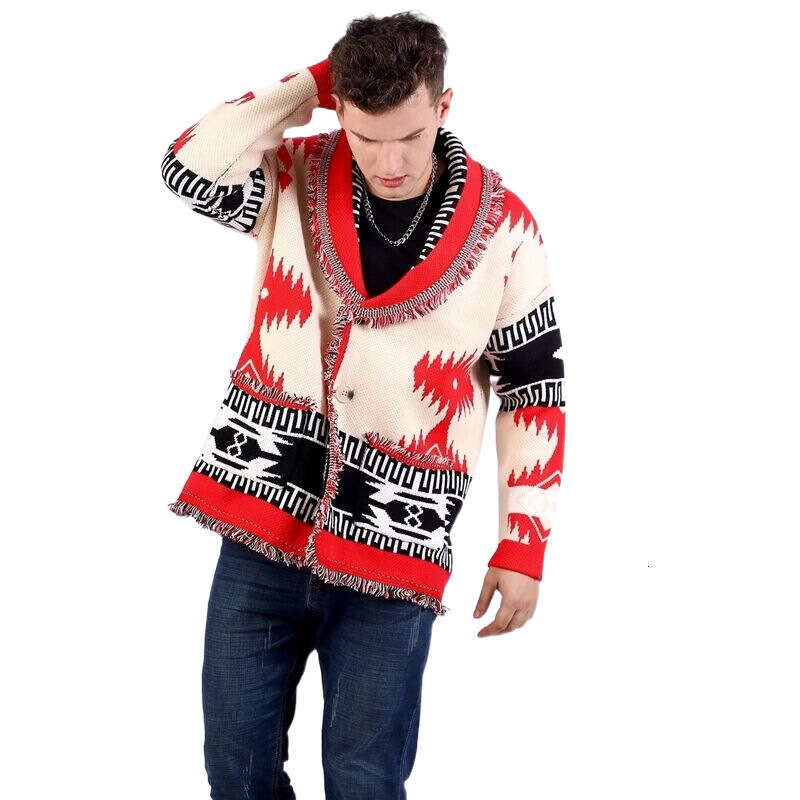 Men's New Coarse Needle Sweater, Thickened Wool Jacquard Knitted Cardigan, Niche Contrasting Color British Coat
