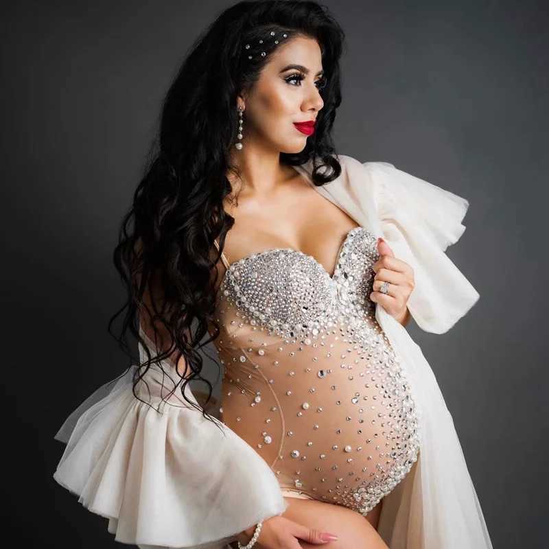 Fashion Tull Pearl Stretch Bodysuit Pregnancy Photography Slip Rhinestones Jumpsuits Maternity Dress for Women Photo Shoot Prop X2502241