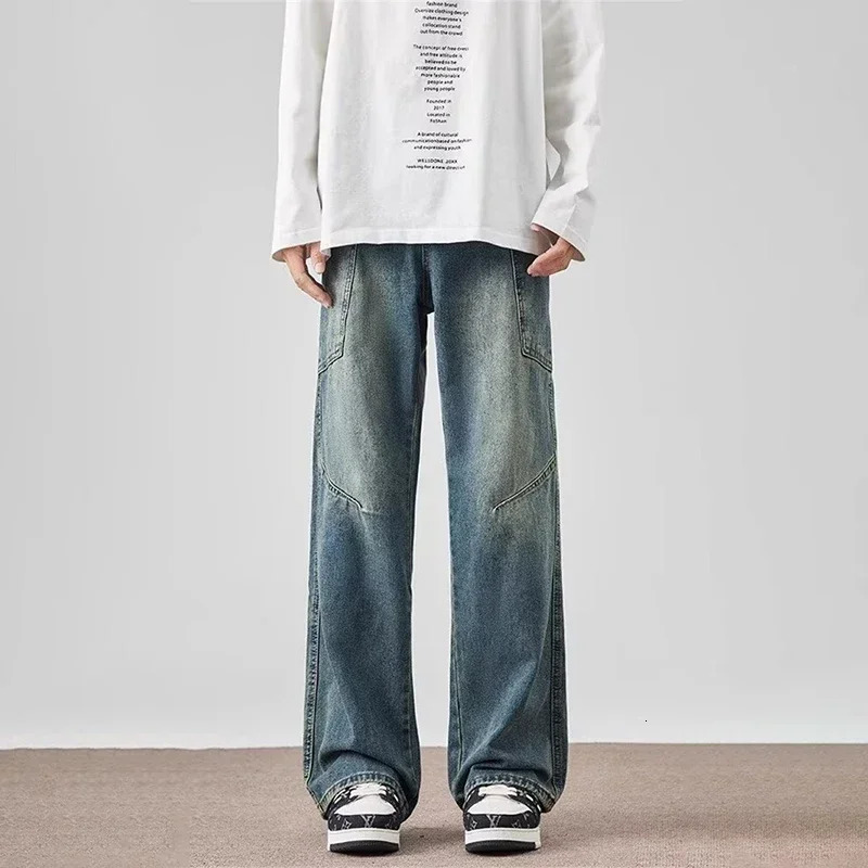 Spring Mens Vintage MultiPocket Cargo Jeans Y2K Distressed Baggy Denim Pants High Street Straight Wide Leg Jean 250311