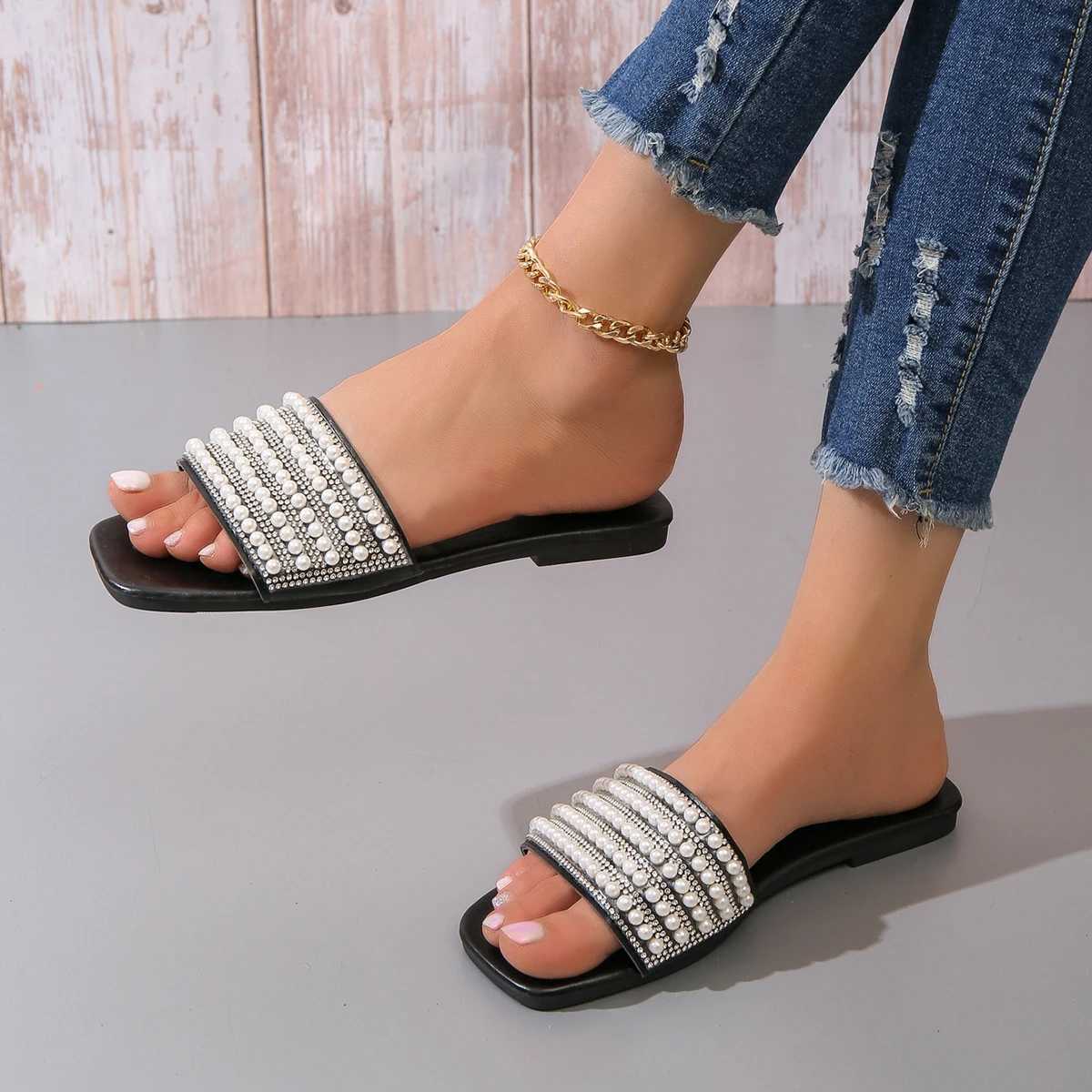 Womens fixed flat sandals with artificial pearls and Rhine decorative slidersXJ250407