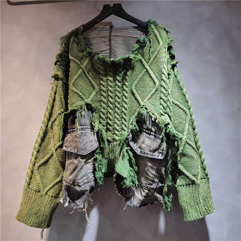 Fashion, Cool, Personality, Foreign Style, Fried Dough Twists Knitting Splicing Denim Round Neck, Long Sleeve, Short Sweater For Women In Autumn And W