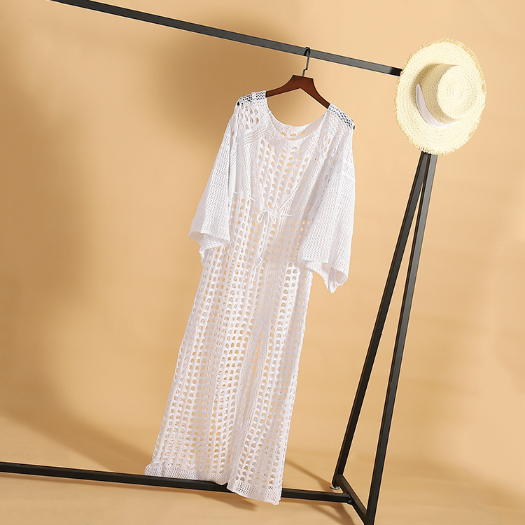 Sexy Hollowed Out Knitted Beach Sleeved Slit Vacation Long Skirt, Swimsuit, Outer Cover, Sun Protection Suit
