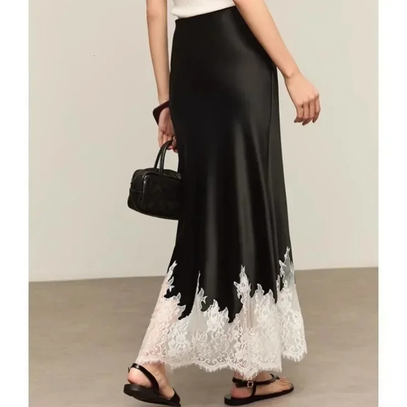 Fairy LaceTrim Midi Satin Skirt High Waist Elegant Wrapped Hip Long Skirts Party Fashion Trends Summer Women Clothing 250311